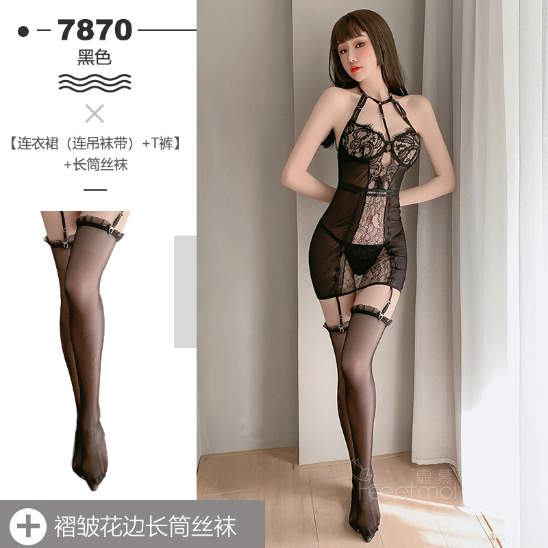 霏慕(Fee et moi)吊颈蕾丝美胸透纱连衣裙7870女士情趣内衣情趣黑长筒丝袜吊带袜+情趣内裤 成人情趣性用品高清大图