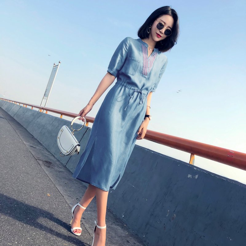 女士夏款新品天丝牛仔连衣裙女装韩版收腰系带短袖中长款休闲裙子