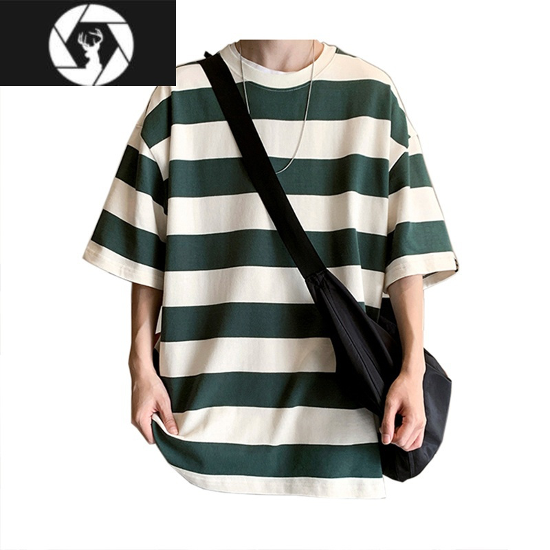 hongzun条纹短袖t恤男潮流圆领盐系男友风穿搭工装短裤高街嘻哈夏季