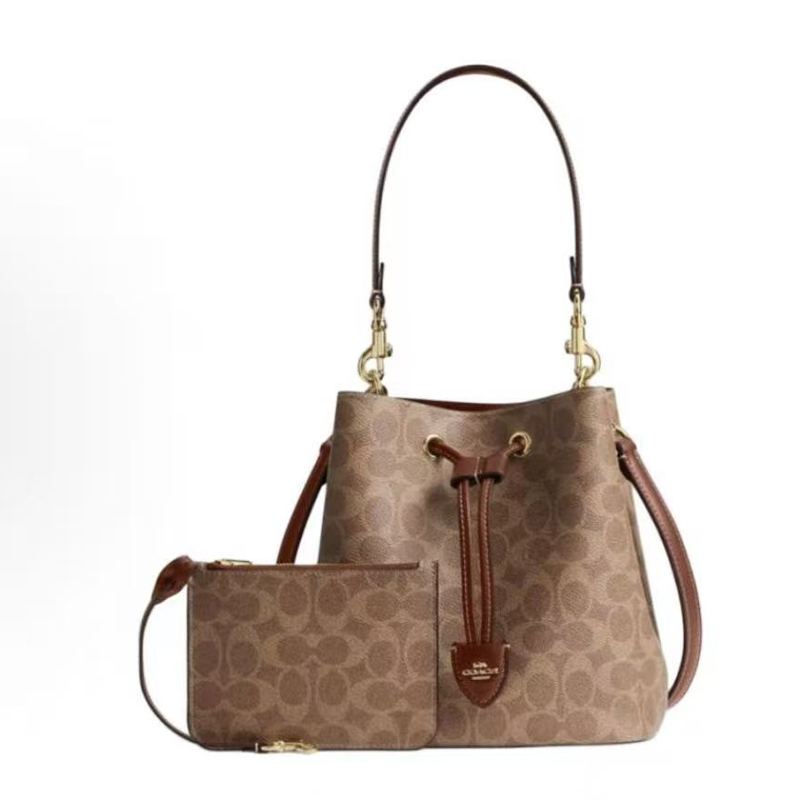COACH蔻驰女包 Rowan 22 品牌徽标经典 皮革 水桶包手提包 小号 女款 棕色CBH07-IMXHE高清大图