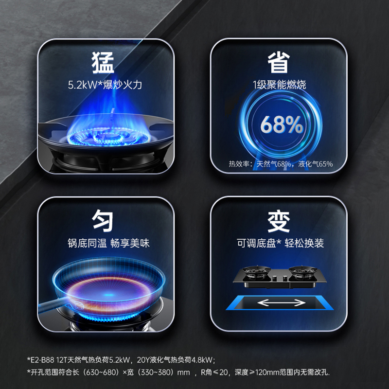 帅康(sacon)B88燃气灶可调节双灶台式嵌入式煤气灶4.8kW大火力家用猛火钢化玻璃免改孔以旧换新打火灶煤气炉液化气