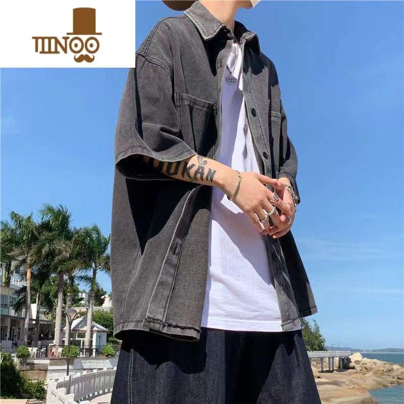 YANXU肥佬300斤薄款牛仔短袖衬衫男夏季痞帅ins加肥加大码宽松衬衣外套高清大图