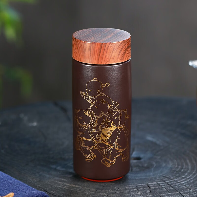 金镶玉 纳福紫砂保温杯 宜兴原矿紫砂杯 描金家用办公杯陶瓷茶杯茶具保温杯礼盒装 360ml高清大图