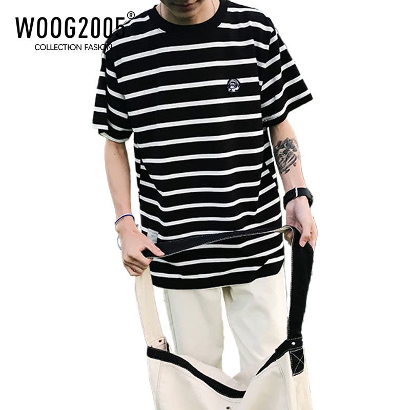 WOOG2005黑白条纹短袖T恤男夏季小领口魔术贴纯棉学院风体恤上衣图片
