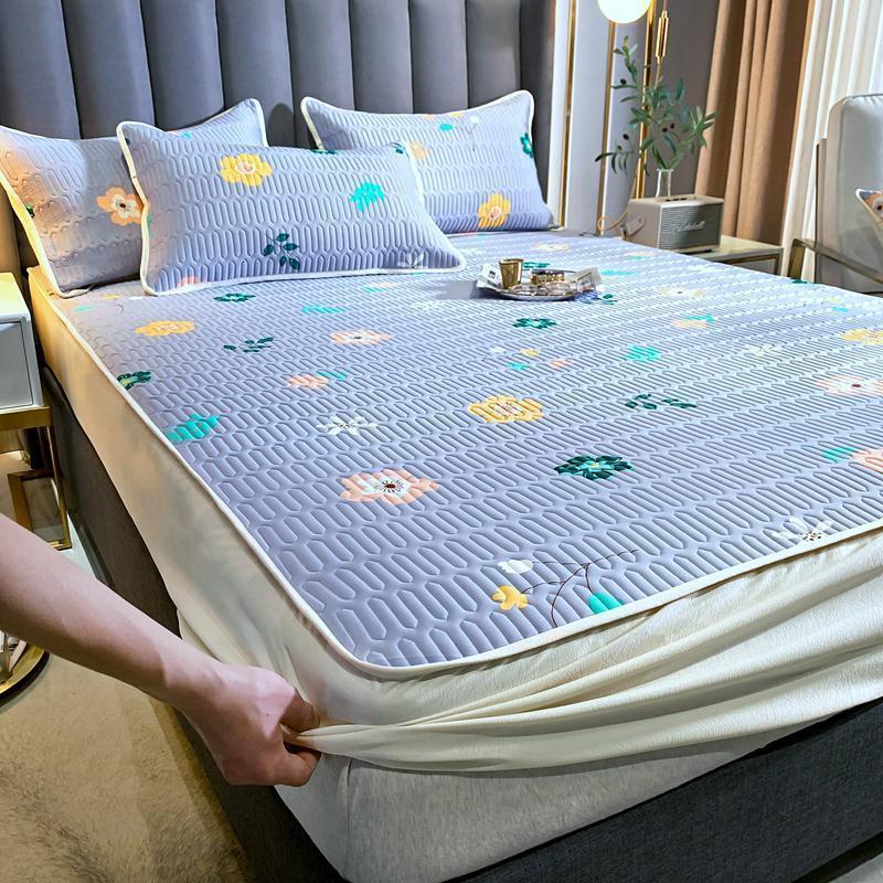 美帮汇乳胶凉席三件套夏冰丝席1.8m床床笠式可水洗折叠1.2米1.5空调软席 床笠式乳胶凉席-泫雅花浅紫 1.8m（6英尺）床