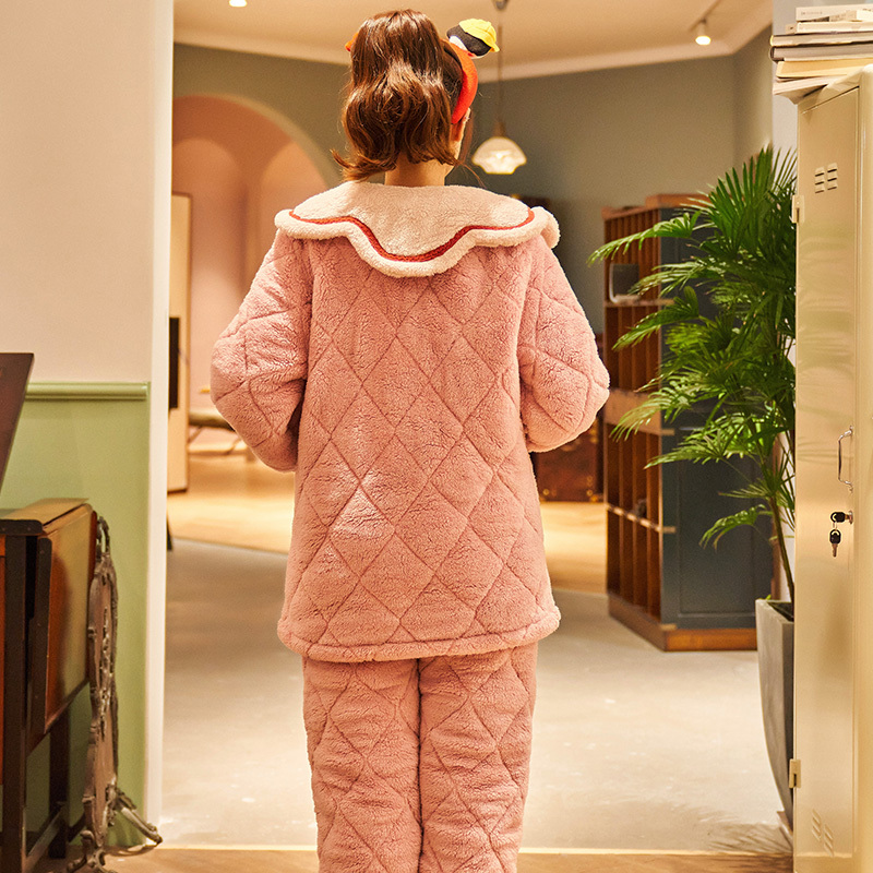 睡衣女冬季三层加厚夹棉冬天可爱少女可外穿法兰绒家居服保暖套装
