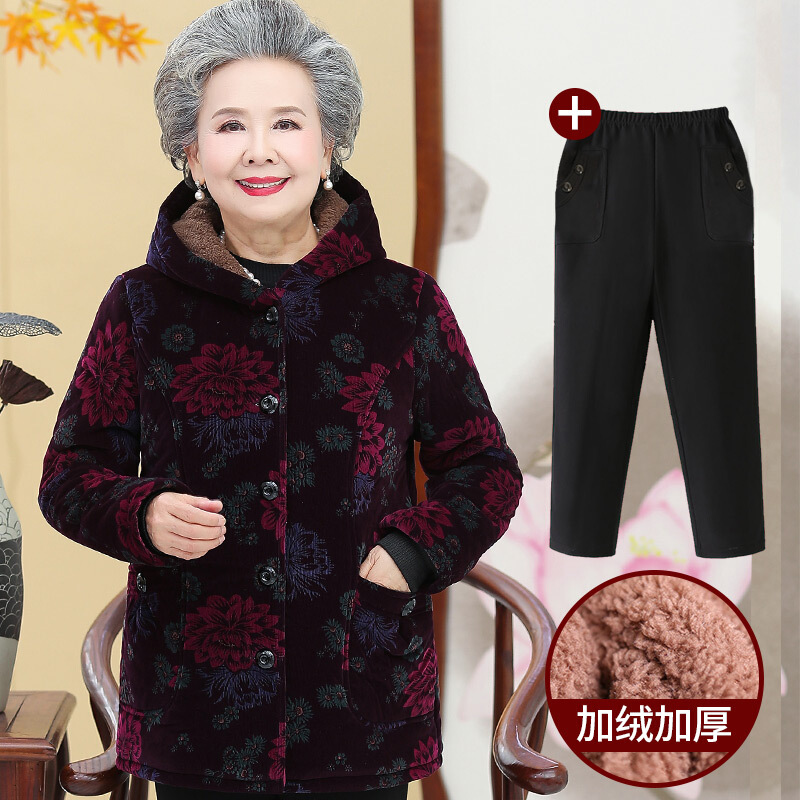 迪鲁奥（DILUAO)老年人冬装女70岁奶奶装棉衣胖妈妈秋冬款老太太老人加厚棉袄衣服_341 5XL（建议145-160斤） 荷花紫（上衣+裤子）