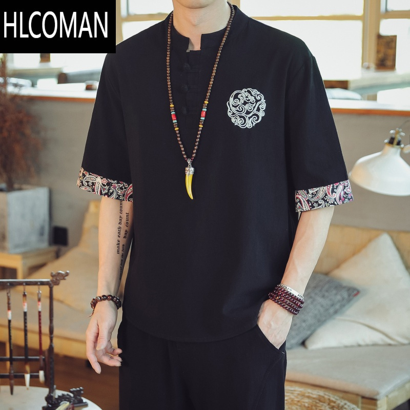 HLCOMAN亚麻短袖t恤男夏季半袖中国风体恤唐装复古胖子棉麻t恤男装衣服
