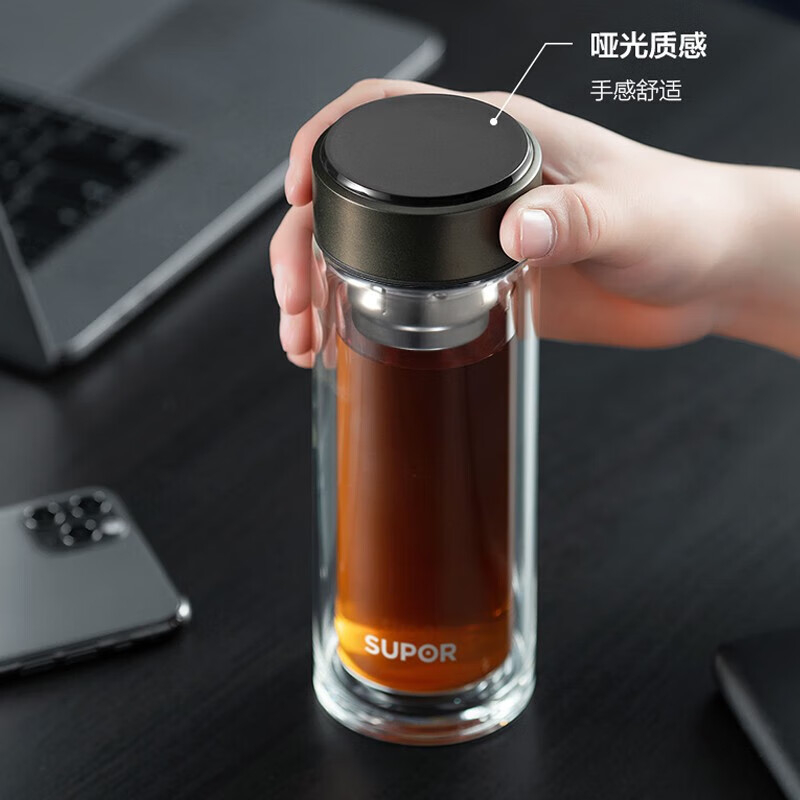 苏泊尔玻璃杯330ml双层茶水分离便捷乌木黑KC33GU10高清大图