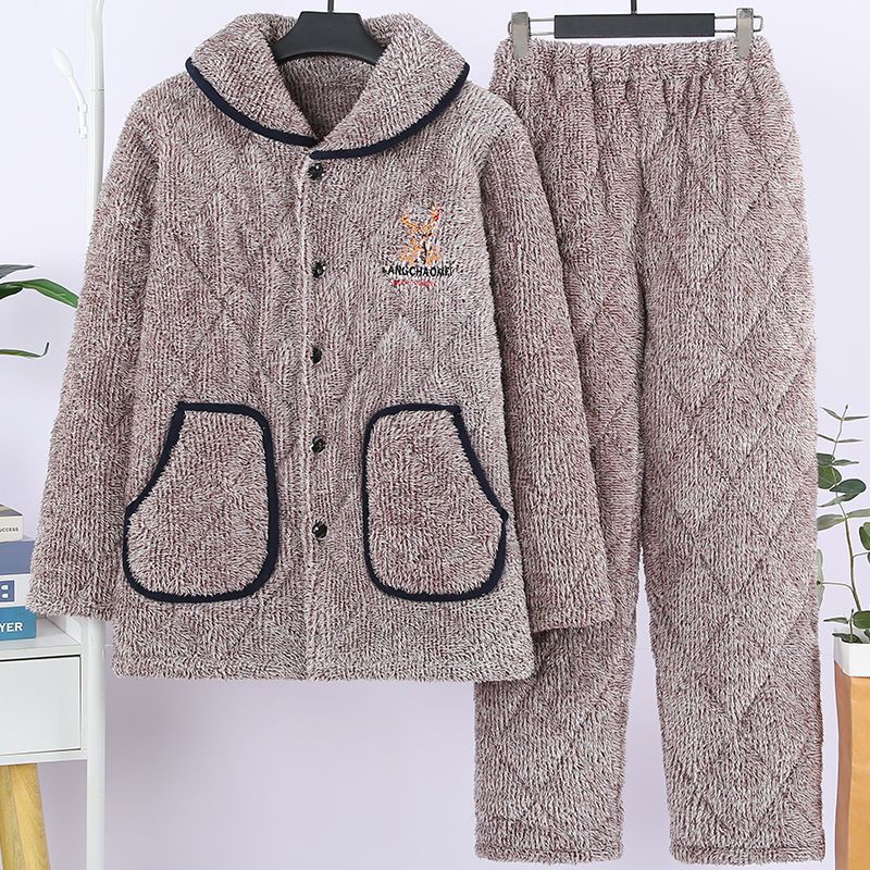 三层夹棉睡衣男加厚加绒法兰绒冬季青老年大码宽松保暖外穿家居服