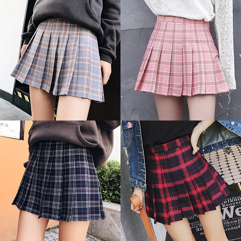 格子百褶短裙2018春夏新款女chic学生学院风高腰ulzzang半身裙子蓝色折子裙1205