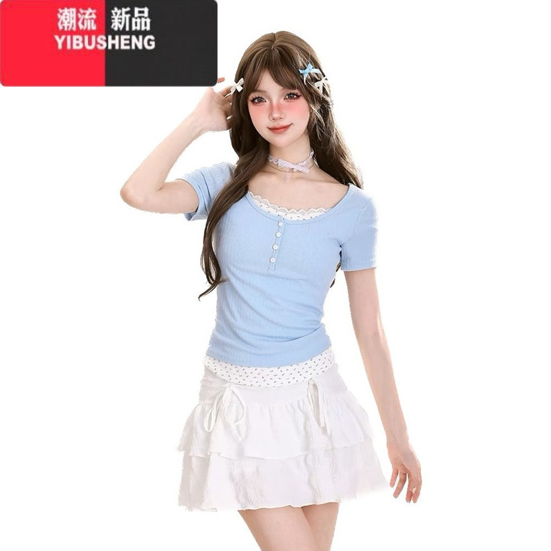 YIBUSHENG美式纯欲新款碎花假两件季辣妹上衣女短袖修身显瘦别致小众T恤
