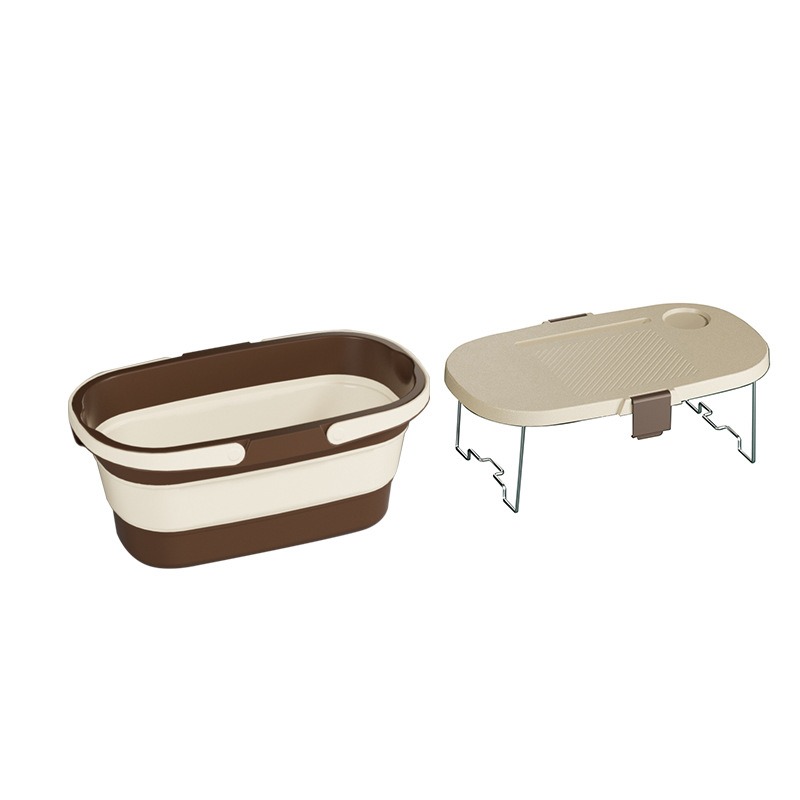 丽佳邦储物可折叠便携带盖手提篮ins防尘桌板收纳篮野炊户外野餐 白咖 - 折叠野餐篮