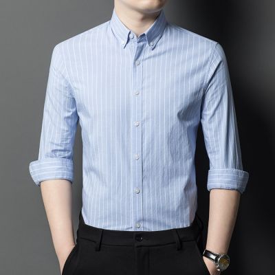 花花公子2025年秋装新款棉竖条纹长袖衬衫男时尚休闲修身男士衬衣品牌轻年男装 蓝宽条 2XL/120码