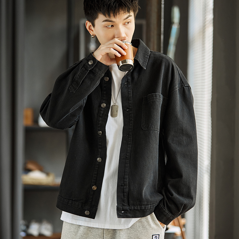 1件5折价1899元唐狮新款秋季外套男后背印花黑色牛仔外套男休闲牛仔