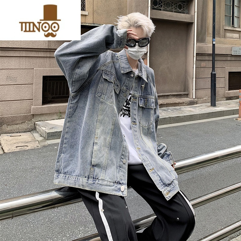 YANXU美式牛仔外套男秋季水洗做旧休闲复古感情侣百搭拉链工装夹克高清大图