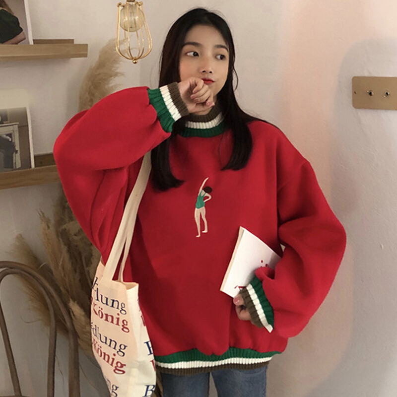火上衣灯芯绒长款复古港风chic卫衣女韩版潮学生宽松红色均码