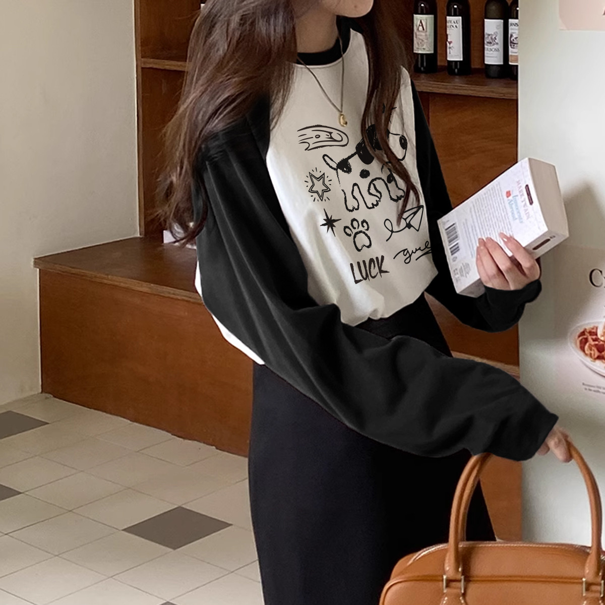 [1折价29.9元叠加优惠券]唐狮春季女圆子拼接前胸图案长袖T恤百搭减龄学院风高清大图