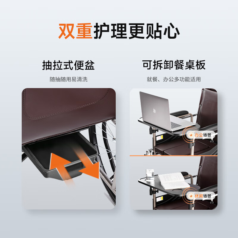 鱼跃(yuwell)*护理型轮椅车H059B老人半躺型带坐便器椅餐板钢管可折叠高清大图