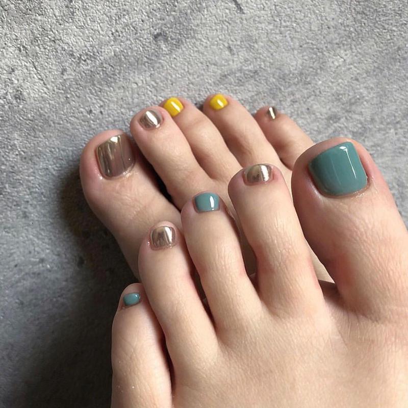 纯色跳色美甲脚趾甲贴片新款穿戴式脚指甲片洛滑手工定制美甲成品蓝灰