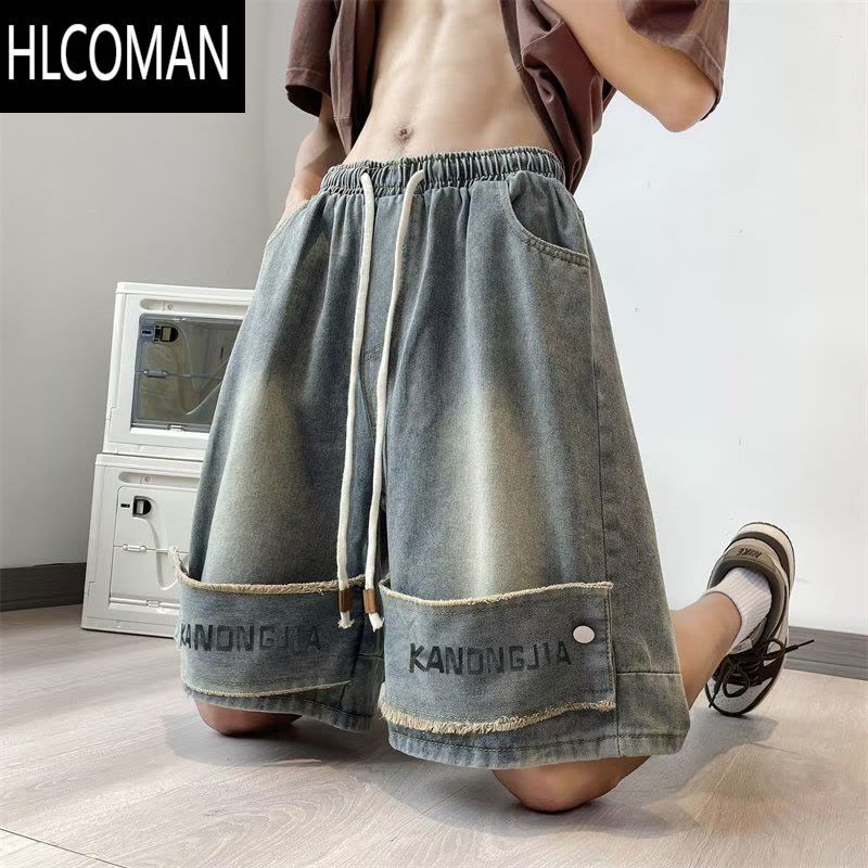 HLCOMAN美式复古vintage牛仔短裤男款夏季小众设计感裤子高街vibe五分裤图片