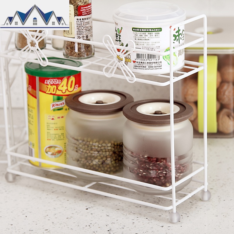 小花双层迷你厨房架宽10CM 桌面调味品收纳架 创意铁艺白色置物架_742高清大图