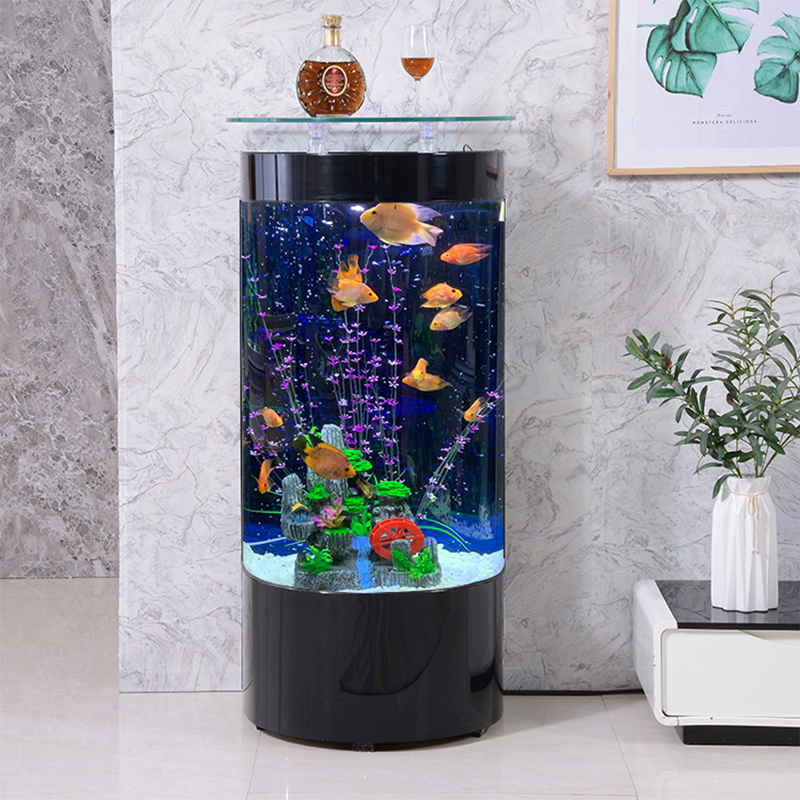 鱼缸客厅轻奢简约现代半圆形鱼缸水族箱家用态玻璃落地靠墙电视柜旁金鱼缸高清大图