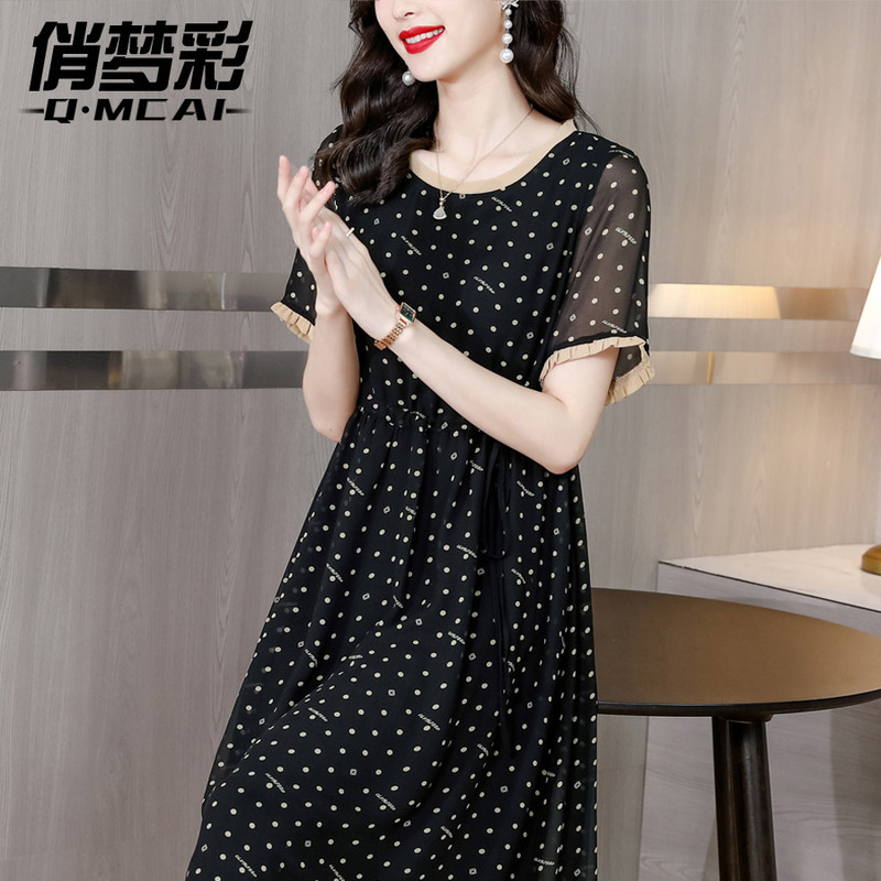 美式复古连衣裙女士飘逸波点雪纺裙夏季小个子妈妈减龄a字中长裙高清大图