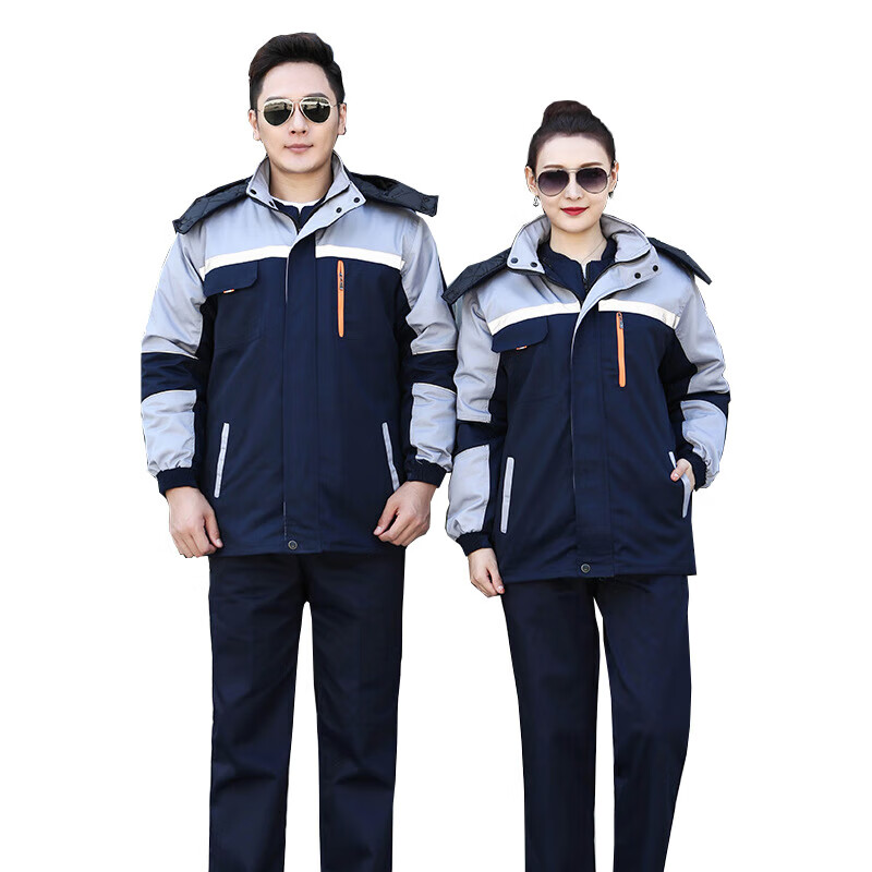 江波(JIANGBO)可拆卸棉服秋冬季工作服男女劳保服加厚工作服 灰肩藏蓝棉服B款 185高清大图