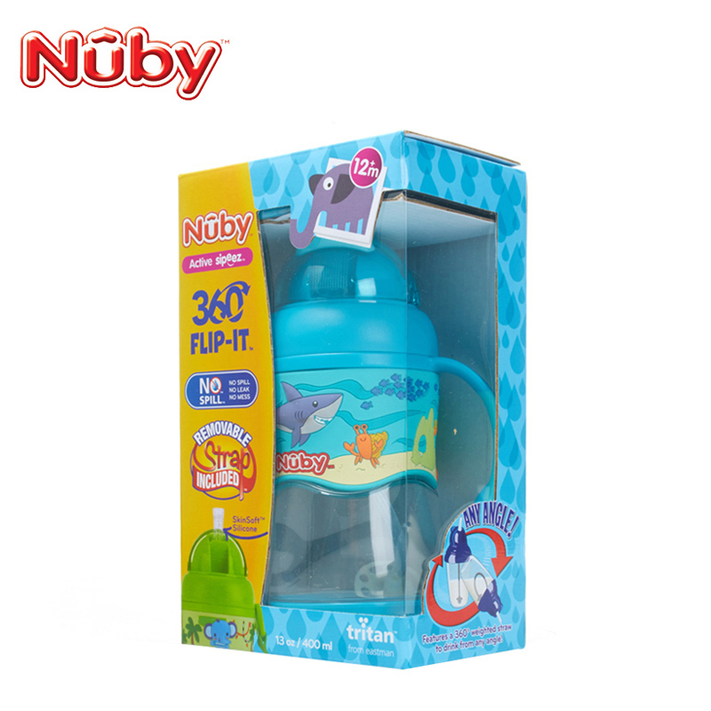 努比(Nuby)婴儿双耳防漏 重力球吸管杯 学饮杯3Dtritan杯 400ml -鲨鱼