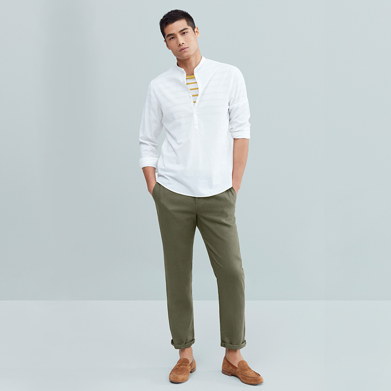 7]mecity男装夏季纯色立领青年帅气薄款套头衬衫男士商务衬衣男