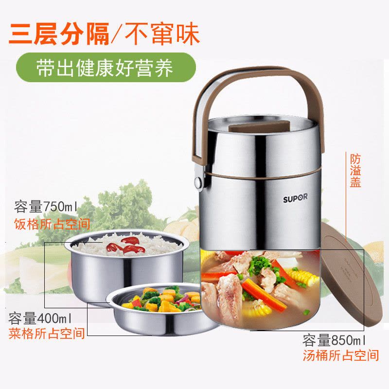 苏泊尔(SUPOR)304不锈钢保温提锅提桶饭桶保温饭盒便当餐盒分层上班族保温午餐盒真空保温KF16F1/KF20F1图片