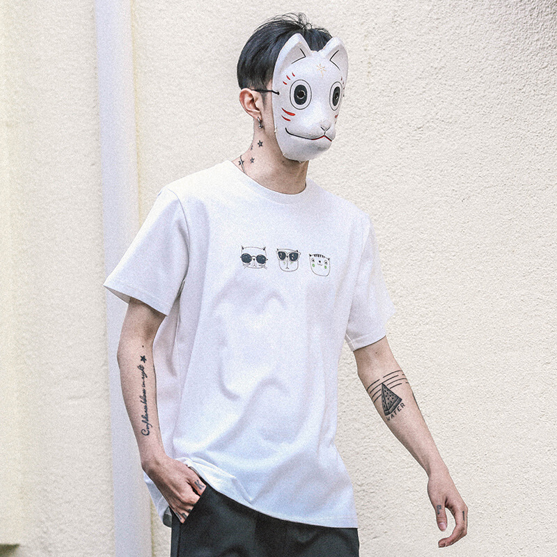 东京衣柜男装夏季新款小猫印花宽松休闲短袖男潮流街头休闲T恤男