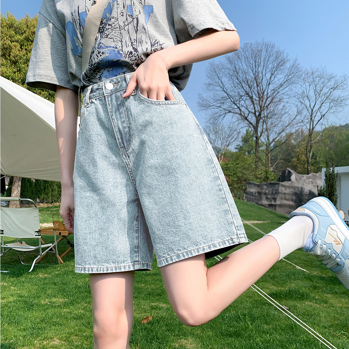[2.5折价64.5元叠加优惠券]唐狮夏季牛仔中裤女基础休闲百搭阔腿裤时尚浅蓝色阔腿牛仔中短裤女高清大图