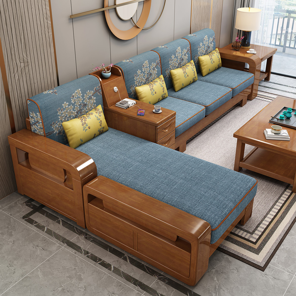 木格尚品 现代中式实木沙发客厅家具组合现代简约小户型木头布艺沙发