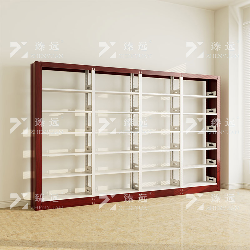 臻远ZY4072629 钢制书架红色转印图书馆书架资料架 单面6层一列四组 3700*300*2000高清大图