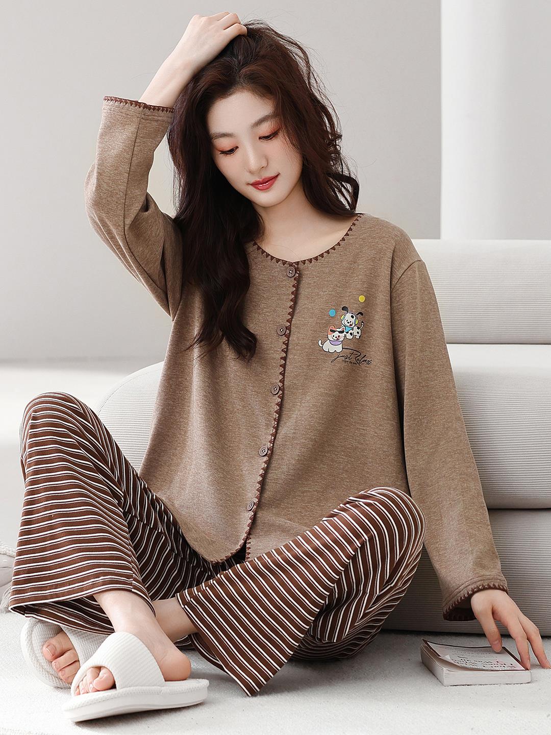 啄木鸟秋冬季睡衣女德绒棕色春秋季加厚保暖家居服服居高清大图