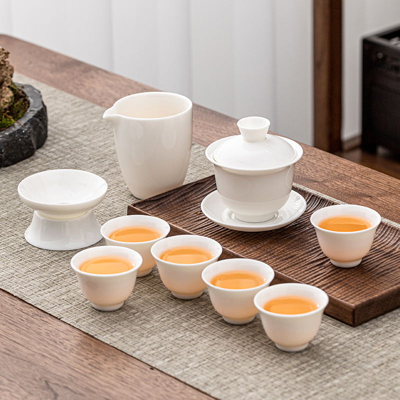 常生源 陶瓷功夫茶具套装 白瓷 一盖碗六杯 春山茶具高清大图