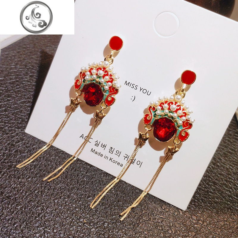 耳夹无耳洞女脸谱中国风耳钉复古耳环2019新款潮京剧流苏纯银耳饰 JiMi