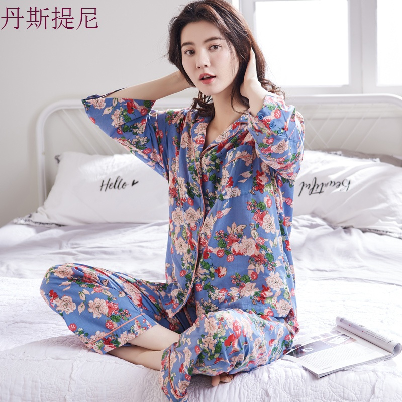 春秋季睡衣女士纯棉长袖开衫全棉加肥加大码中老年妈妈家居服套装