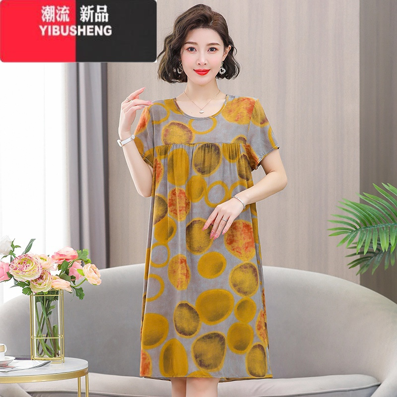 YIBUSHENG棉绸装新款中老年妈妈大码宽松短袖连衣裙女装人棉中长裙女