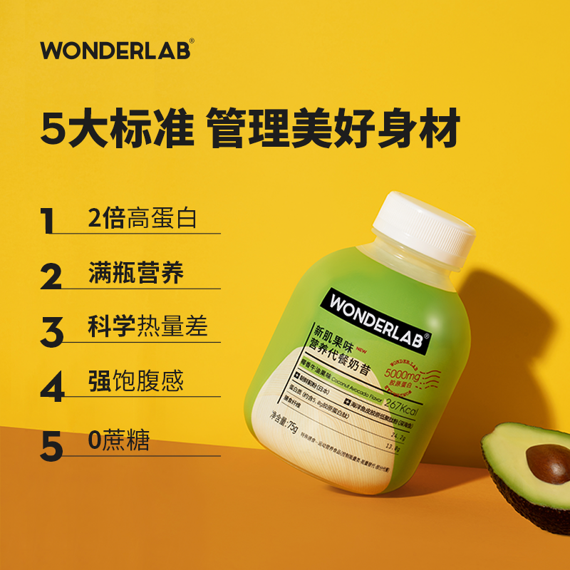 WonderLab小胖瓶代餐奶昔胶原蛋白升级版早餐晚餐粉粥饱腹食品75g*6瓶/盒