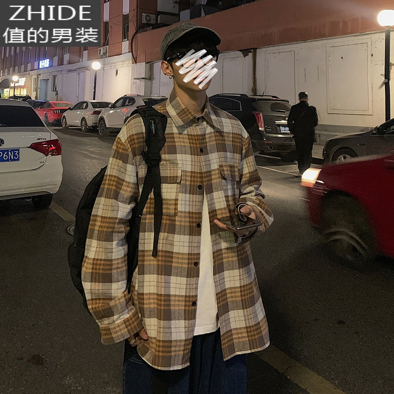 SUNTEK格子衬衫男港风宽松长袖衬衣bf潮流工装外套情侣休闲打底衫上衣衬衫