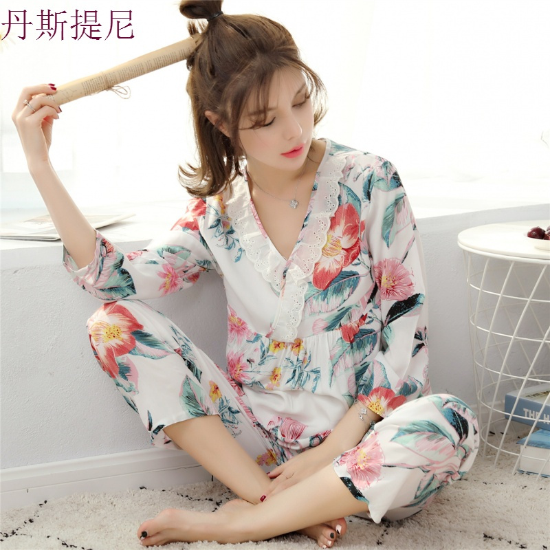 春秋季梭织纯棉绸睡衣女士夏季长袖绵绸薄款人造棉短袖套装家居服