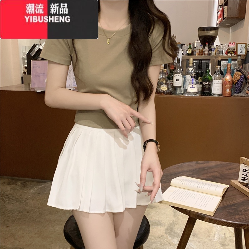 YIBUSHENG圆领正肩粉色t恤女短袖季美式修身短款高腰辣妹纯欲体恤上衣服 浅绿色 XL建议120-130斤