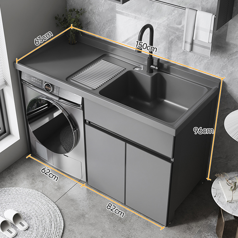 [免费安装]洗衣机柜可定制太空铝石英石一体阳台浴室柜带搓板台盆柜组合洗衣柜伴侣 150CM右盆