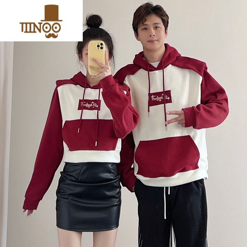 YANXU美式情侣装秋季潮牌一长一短刺绣连帽卫衣男感外套roora高清大图