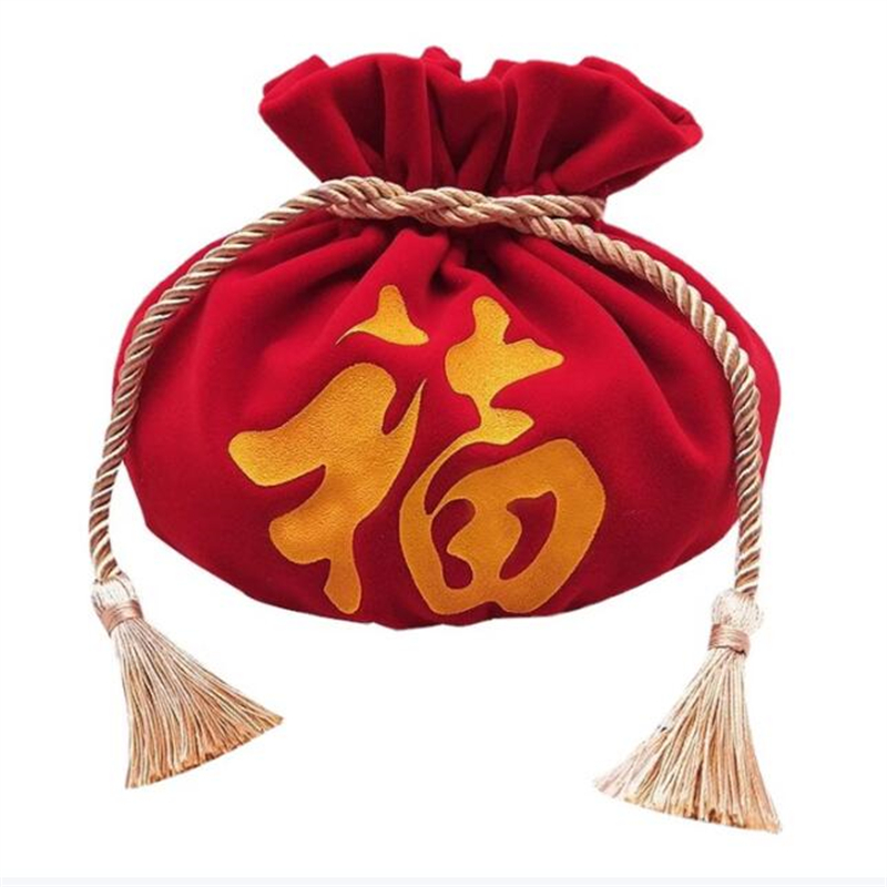 恋品惠 福袋包大红红色绒布袋束口抽绳袋包装袋新年礼品红包 20*30cm木耳口福