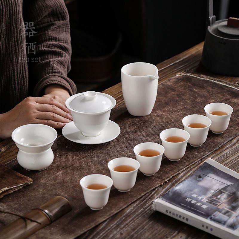 厂家直销羊脂玉瓷三才盖碗茶具套装家用整套陶瓷功夫茶具德化白瓷 玉瓷盖碗玻璃公杯套组(安全包装)