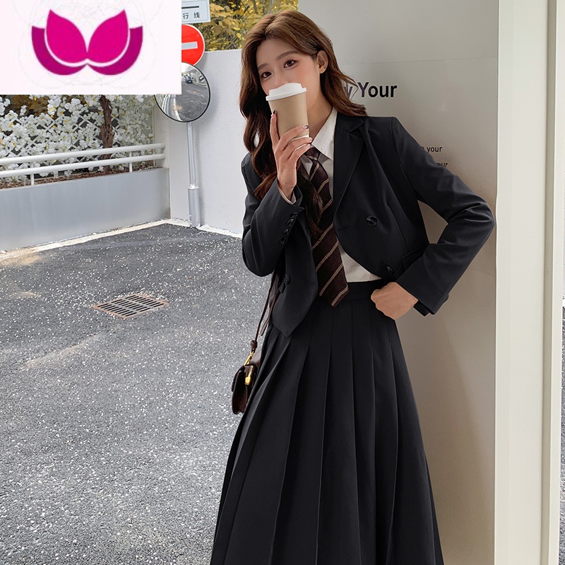 七斓学院风西装套装裙2023新款网红炸街时尚JK制服西服外套女 黑色三件套装衬衫+西装+半身裙 L送同款领带